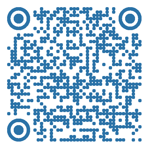 Blue and white QR code on a light background. The code has a dotted pattern with three large circular markers in the corners.