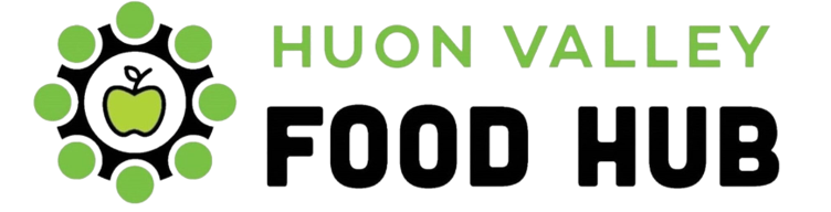 Logo for Huon Valley Food Hub, featuring a green apple inside a black circular design with smaller green circles, and the organization name in green and black text.