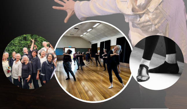 Collage of older women dancing: A group poses outdoors, dancers rehearse indoors on a wooden floor, and a close-up of feet in jazz shoes.