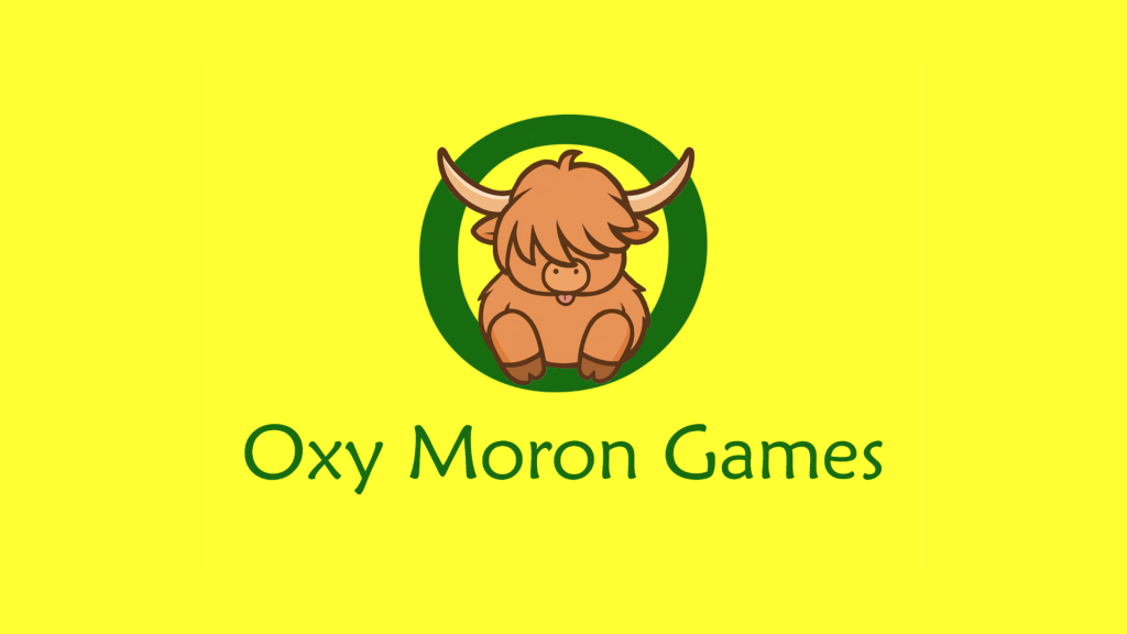 Cartoon ox with shaggy hair inside a green circle, above the words Oxy Moron Games on a bright yellow background.