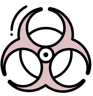 A black and pink biohazard symbol with three interlocking circular shapes and a central dot, indicating biological danger or hazardous materials.