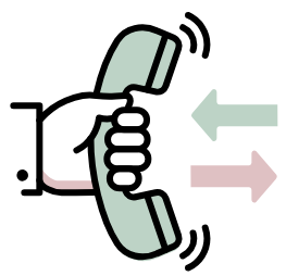 A hand holding a telephone receiver, with arrows indicating incoming and outgoing calls.