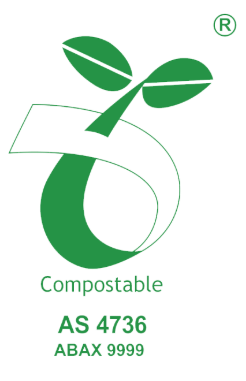 Green logo with two leaves above a curved shape, symbolizing compostability. Text below reads Compostable, AS 4736, and ABAX 9999.