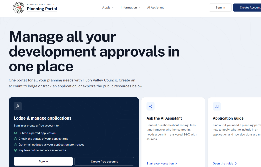 Screenshot of the Huon Valley Council Planning Portal homepage, displaying options to lodge or track development applications, ask an AI assistant, or view an application guide. The page features blue and white boxes with navigation buttons.