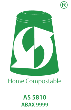 A green and white icon of a container with two circular arrows, labeled Home Compostable with certification code AS 5810 ABAX 9999 underneath.