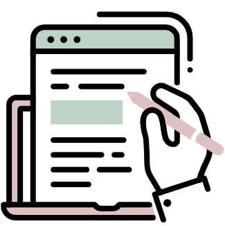 A hand holding a pen is poised over a tablet displaying a document with text and graphics, suggesting writing or editing work.