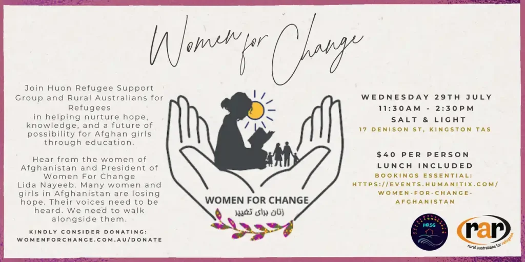 Flyer for Women for Change event with a silhouette of women and children in hands, event details, donation info, and Afghan support. Pink, yellow, and black text on a white background with flower accents.