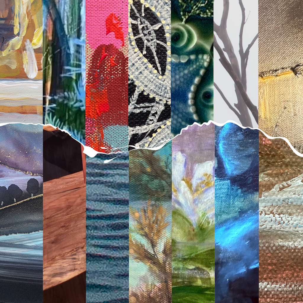 A collage of twelve vertical strips from different paintings, each featuring diverse colors, textures, and artistic styles, divided by a jagged white line across the center.