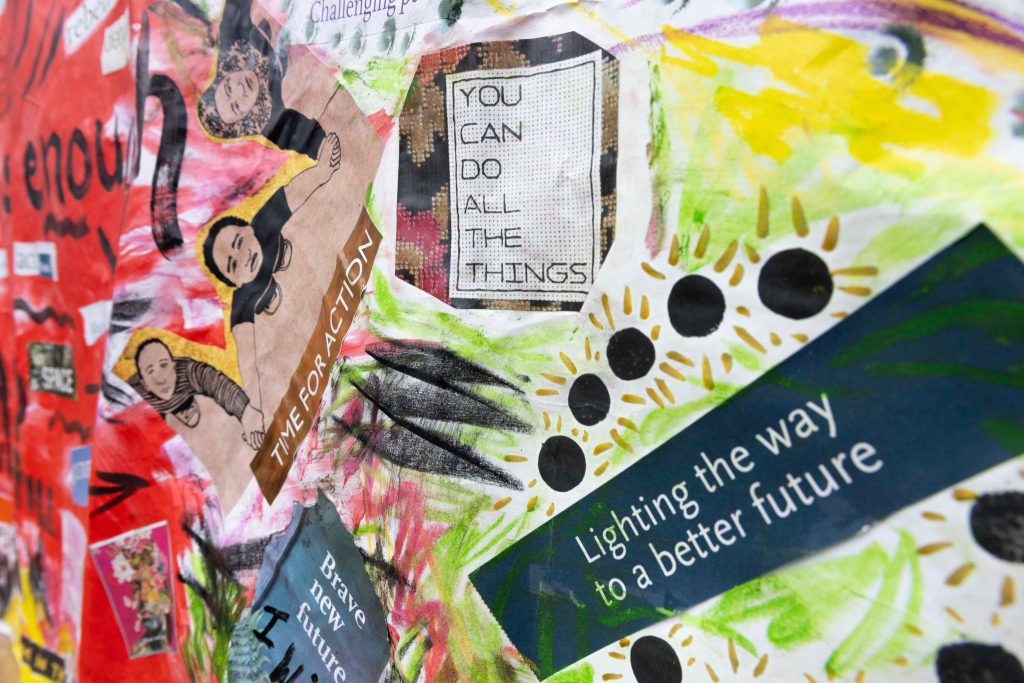 A colorful collage with painted figures, abstract shapes, and motivational phrases like You can do all the things and Lighting the way to a better future..