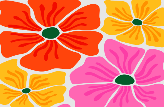 Colorful floral pattern featuring large red, yellow, and pink flowers with green centers and bold petal lines on a light background.