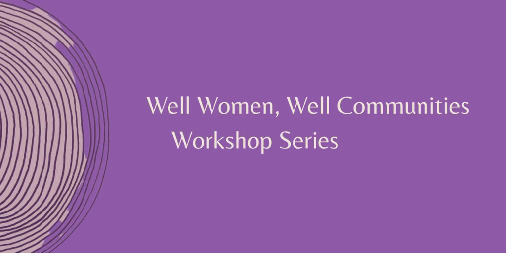 Purple background with a fingerprint pattern on the left and white text in the center that reads, Well Women, Well Communities Workshop Series..