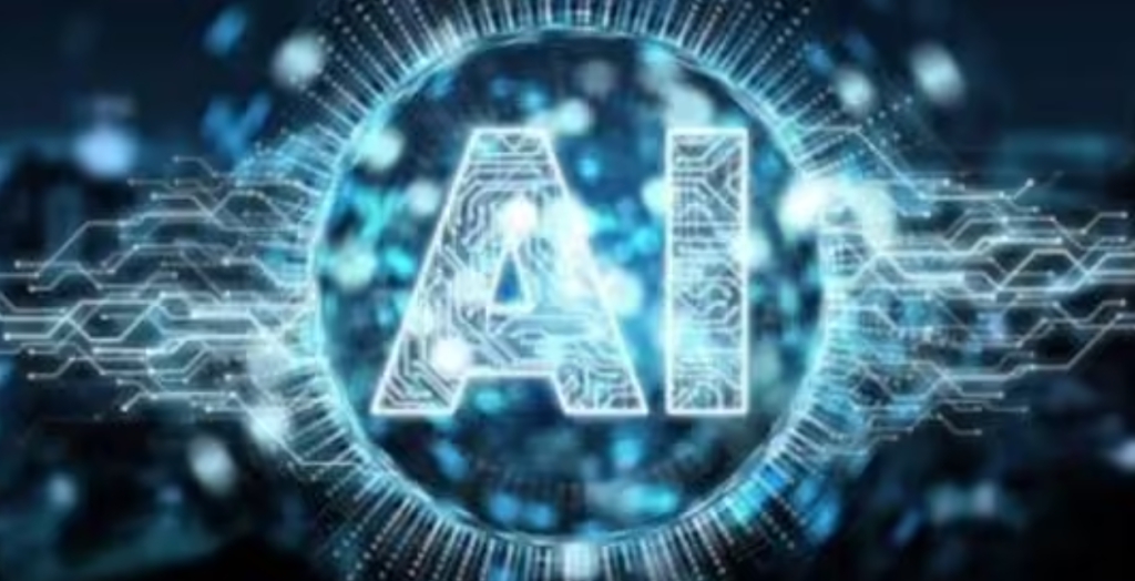 Large glowing letters AI are centered, surrounded by a digital circuit pattern and blue lights, symbolizing artificial intelligence and futuristic technology.