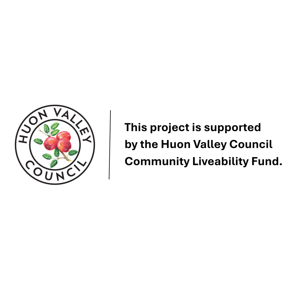 The Huon Valley Council logo with apples and leaves, next to the text: This project is supported by the Huon Valley Council Community Liveability Fund..