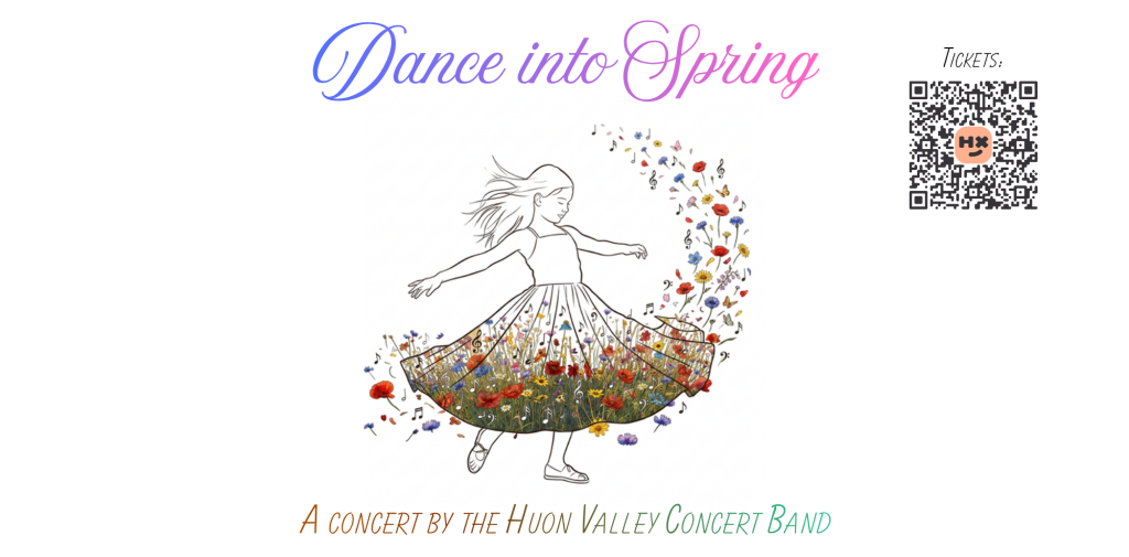 A poster for Dance into Spring shows a girl dancing with a floral skirt. Event details and bands are listed. A QR code for tickets is in the top right corner. The event is on September 20th at Palais Theatre, Franklin.