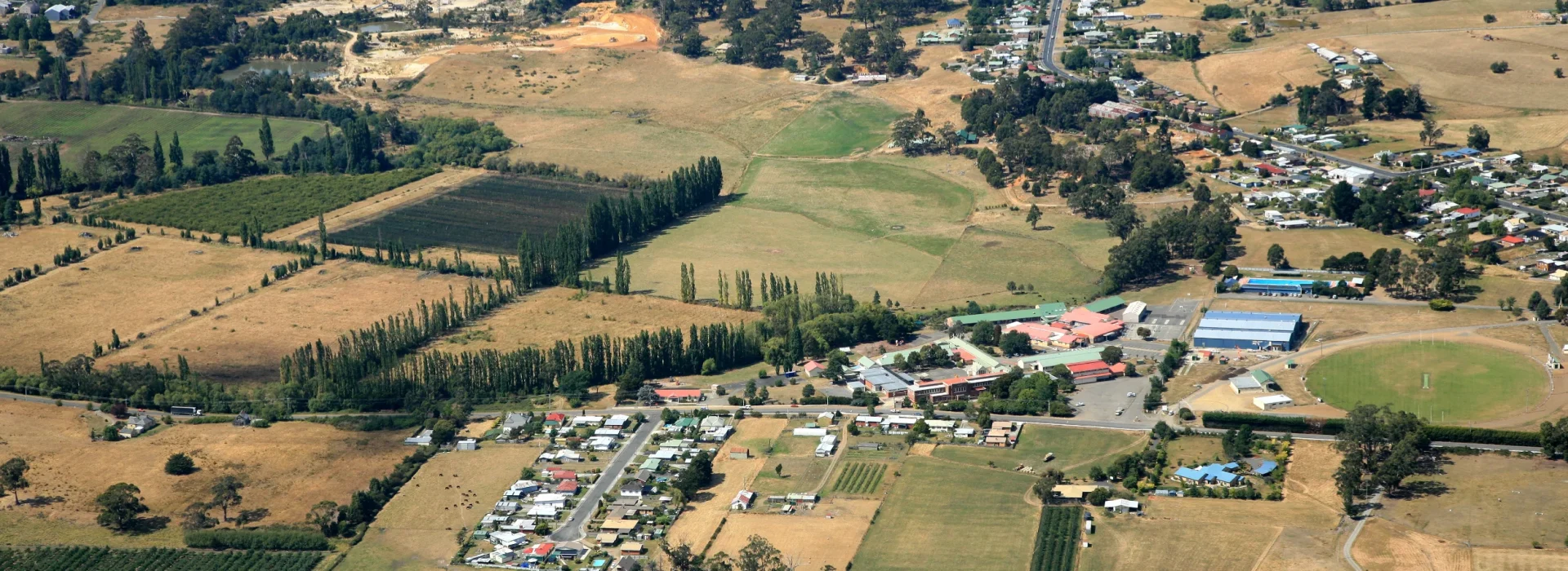 Aerial view of a rural town with farmland, houses, roads, green fields, scattered trees, and small buildings surrounded by agricultural land.