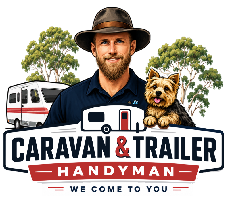 A bearded man in a hat and navy shirt stands with a small dog between trees, beside a caravan, above the logo CARAVAN & TRAILER HANDYMAN - WE COME TO YOU..
