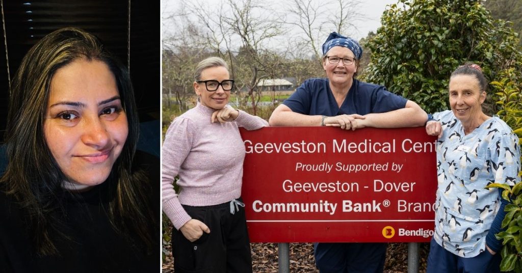 A woman smiles indoors on the left; on the right, three women stand by a Geeveston Medical Centre sign outdoors, posing and smiling.