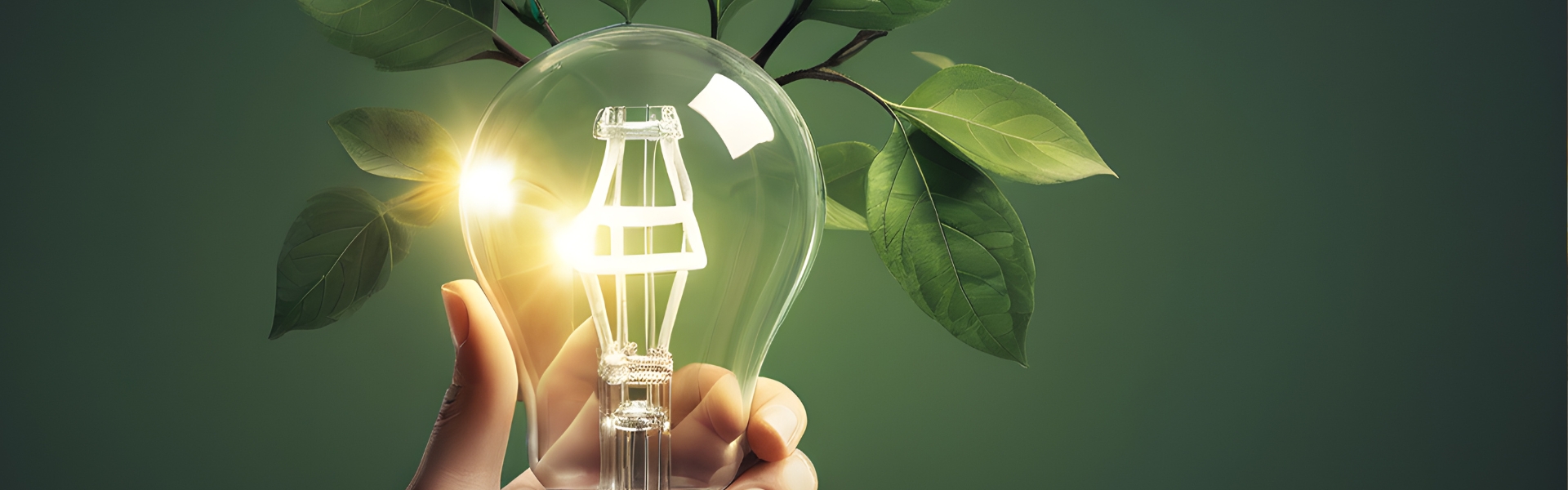 A hand holds a glowing lightbulb in front of green leaves, symbolizing eco-friendly innovation and sustainable energy against a green background.