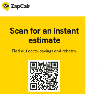 A yellow ad for ZapCat with a QR code. Text reads: Scan for an instant estimate. Find out costs, savings and rebates..