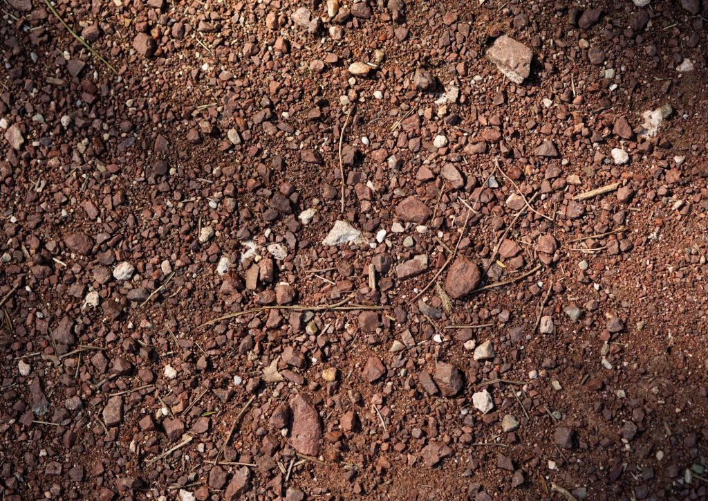 A patch of reddish-brown dirt and gravel ground cover.