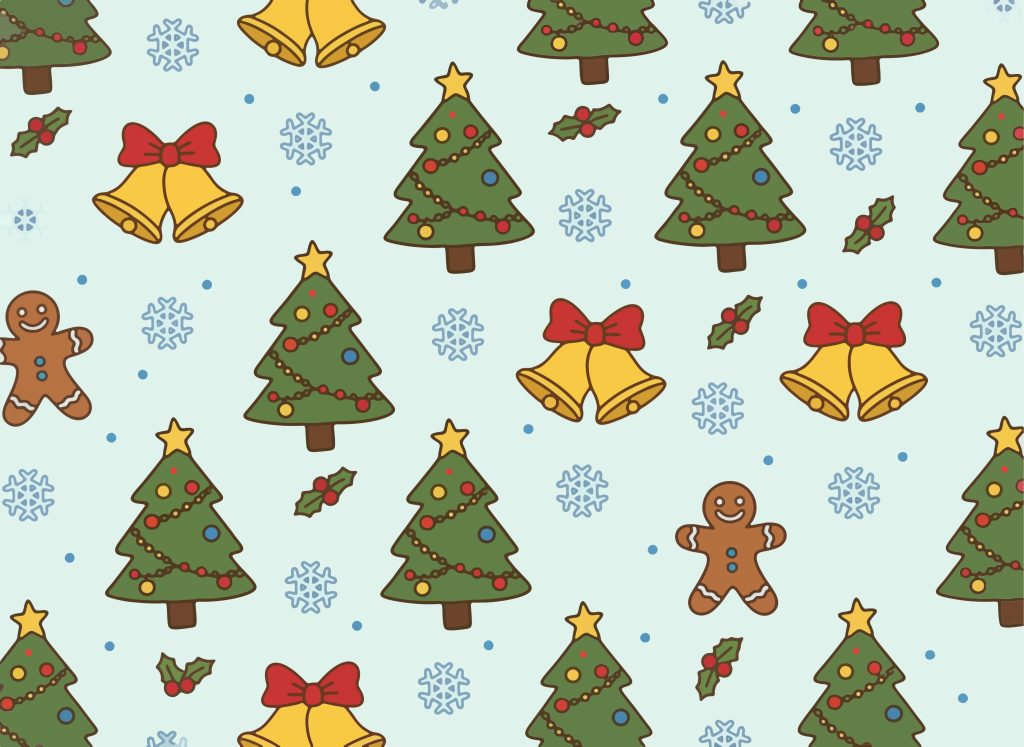 A repeating pattern of decorated Christmas trees, pairs of golden bells with red bows, gingerbread men, holly leaves, and snowflakes on a light blue background.